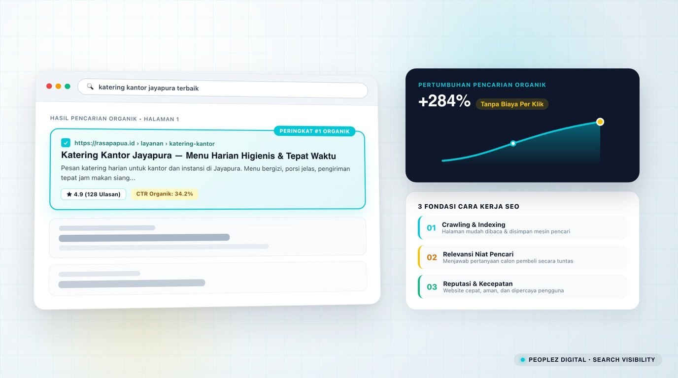 Ilustrasi apa itu SEO dengan halaman hasil pencarian Google dan halaman website yang siap ditemukan