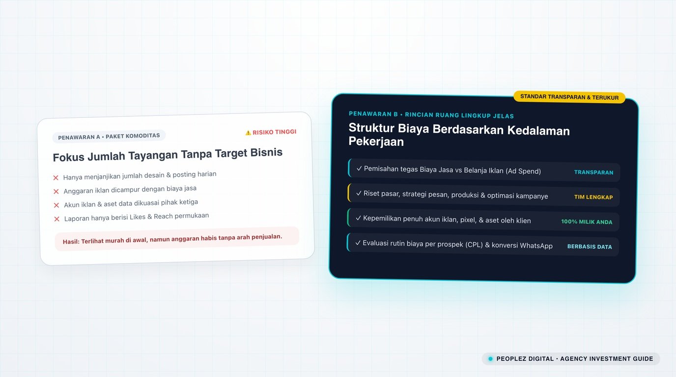 Pemilik usaha memeriksa rincian biaya jasa digital marketing pada dua penawaran sebelum memilih agensi