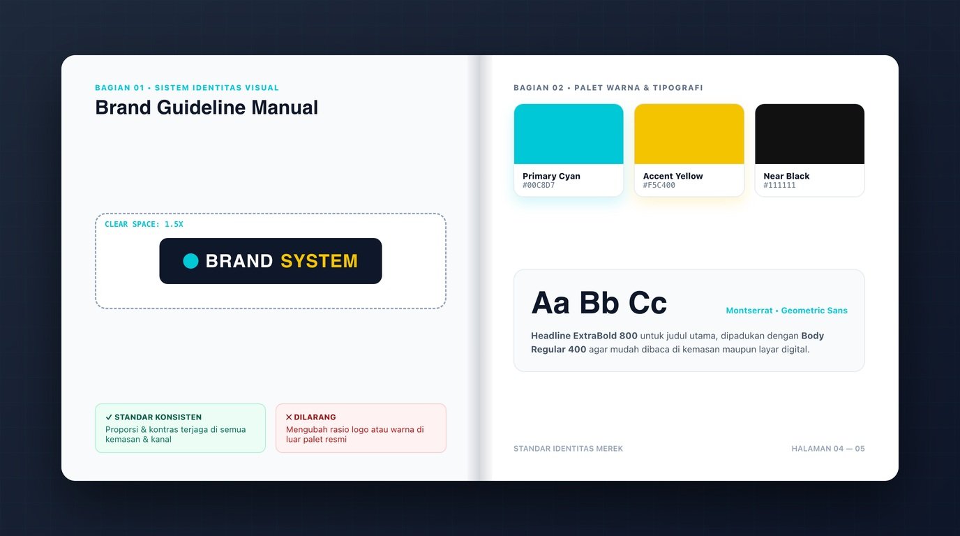 Rujukan brand guideline untuk warna, huruf, dan logo agar tampilan merek tetap konsisten