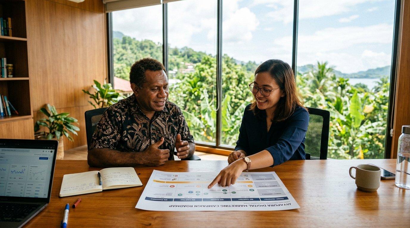 Pemilik usaha di Jayapura berdiskusi dengan tim jasa digital marketing Jayapura tentang rencana kampanye