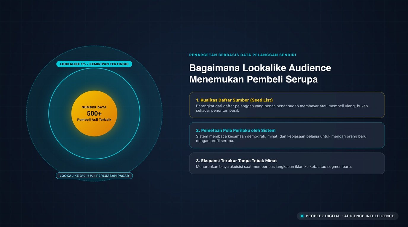 Ilustrasi lookalike audience untuk pemilik usaha yang memperluas jangkauan iklan dari data pelanggan sendiri