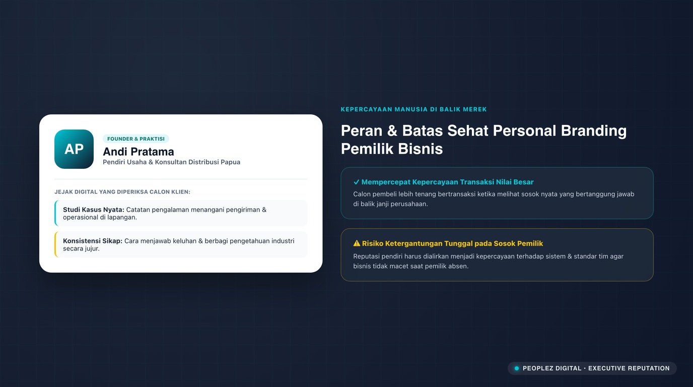 Ilustrasi personal branding pemilik bisnis yang membangun kepercayaan calon pelanggan lewat jejak profesional