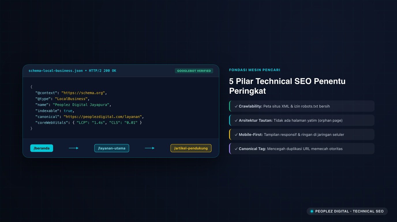 Ilustrasi technical SEO, fondasi teknis website yang membuat halaman mudah dibaca dan ditemukan Google