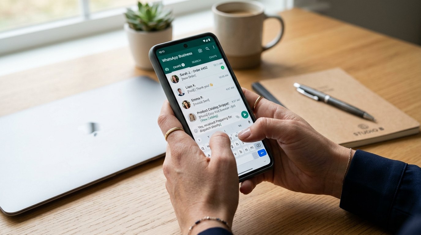 Pemilik usaha mengatur katalog dan pesan sambutan di WhatsApp Business dari layar ponsel